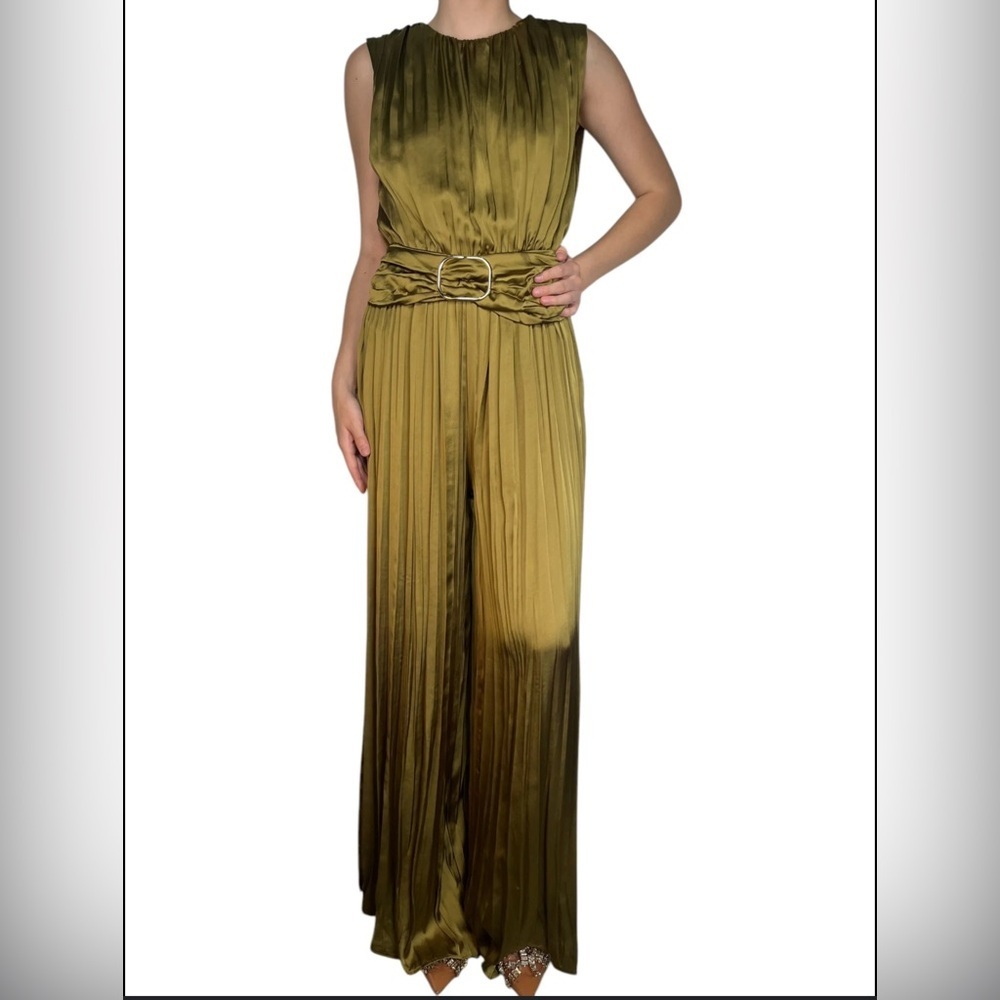Zara Olive Satin Pleated Sleeveless Jumpsuit with Belt